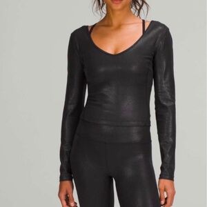 💗 Lululemon Align Shine Radiate Foil Shiny Long Sleeve LS Crop Top Black 12